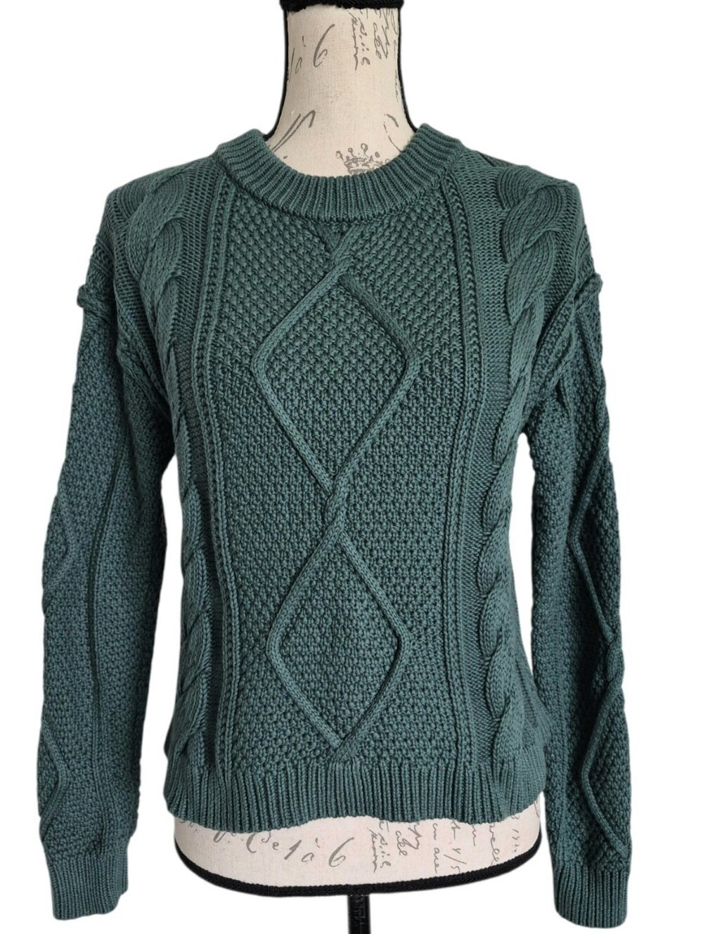 Quince Organic Cotton Cropped Cable Knit Crew Green Sweater XS Casual Preppy